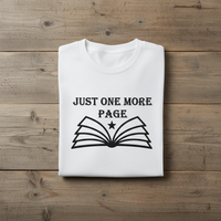 Load image into Gallery viewer, Just One More Page Book Lover's T-Shirt, Graphic Tee with Book Logo